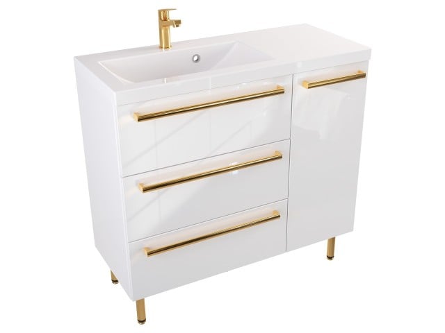 Szafka Stojąca Z Umywalką ATH 90 cm D Lewa - Biały Wysoki Połysk - Uchwyty Złote Polerowane Szafka Stojąca Z Umywalką ATH 90 cm D Lewa - Biały Wysoki Połysk - Uchwyty Złote Polerowane