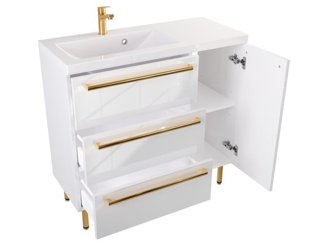 Szafka Stojąca Z Umywalką ATH 90 cm D Lewa - Biały Wysoki Połysk - Uchwyty Złote Polerowane