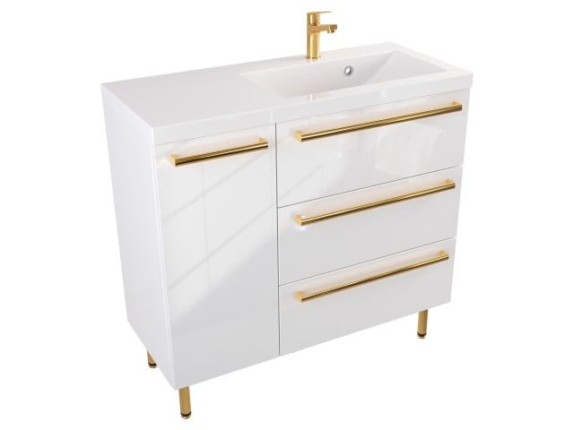 Szafka Stojąca Z Umywalką ATH 90 cm D Prawa - Biały Wysoki Połysk - Uchwyty Złote Polerowane Szafka Stojąca Z Umywalką ATH 90 cm D Prawa - Biały Wysoki Połysk - Uchwyty Złote Polerowane