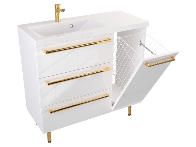Szafka Stojąca Z Umywalką ATH 90 cm K Lewa - Biały Wysoki Połysk - Uchwyty Złote Polerowane Szafka Stojąca Z Umywalką ATH 90 cm K Lewa - Biały Wysoki Połysk - Uchwyty Złote Polerowane