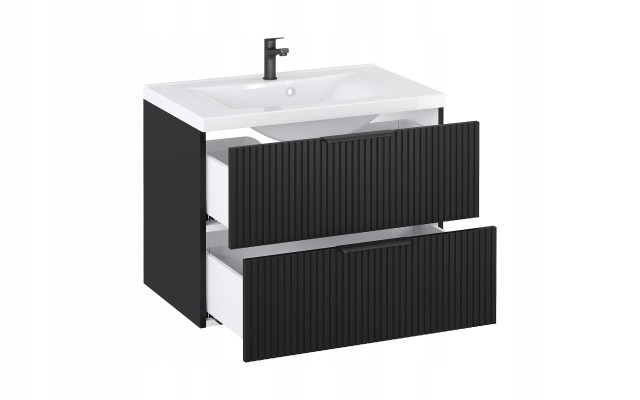 Szafka z Umywalką LOGHOS 80 cm Czarny Mat Ryflowana Furni