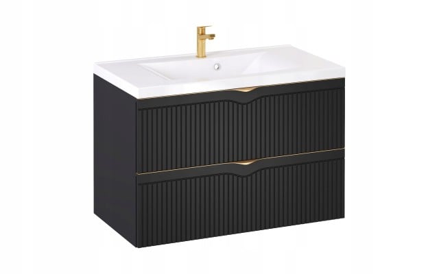 Szafka z Umywalką LOGHOS 90 cm Czarny Mat Ryflowana Furni