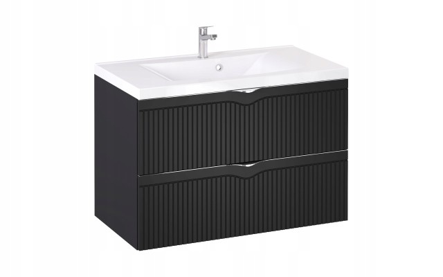 Szafka z Umywalką LOGHOS 90 cm Czarny Mat Ryflowana Furni
