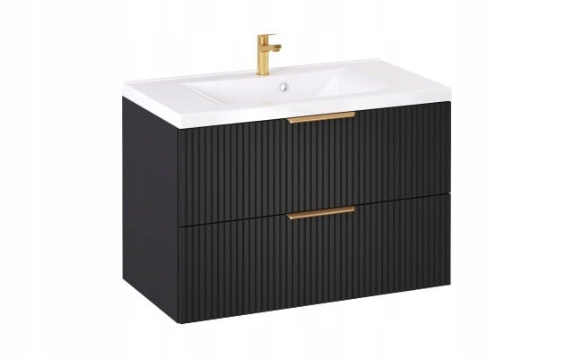 Szafka z Umywalką LOGHOS 90 cm Czarny Mat Ryflowana Furni