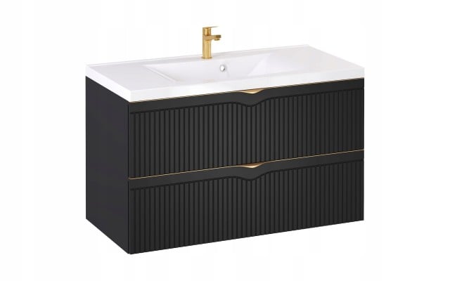 Szafka z Umywalką LOGHOS 100 cm Czarny Mat Ryflowana Furni