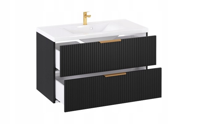 Szafka z Umywalką LOGHOS 100 cm Czarny Mat Ryflowana Furni