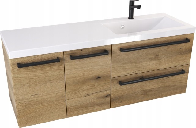 Szafka Wisząca Z Umywalką ATHD 120 cm DS Prawa - Dąb Evoke Coast Mat - Uchwyty Czarne Matowe