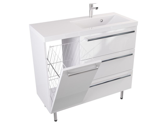 Szafka Stojąca Z Umywalką ATH 90 cm K Prawa - Biały Wysoki Połysk - Uchwyty Chromowane