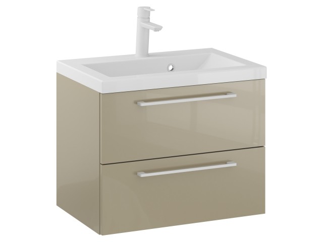 Szafka Wisząca Z Umywalką RON 60 cm - Cappuccino Wysoki Połysk - Uchwyty Białe Matowe