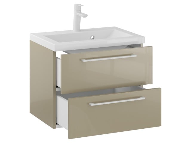 Szafka Wisząca Z Umywalką RON 60 cm - Cappuccino Wysoki Połysk - Uchwyty Białe Matowe