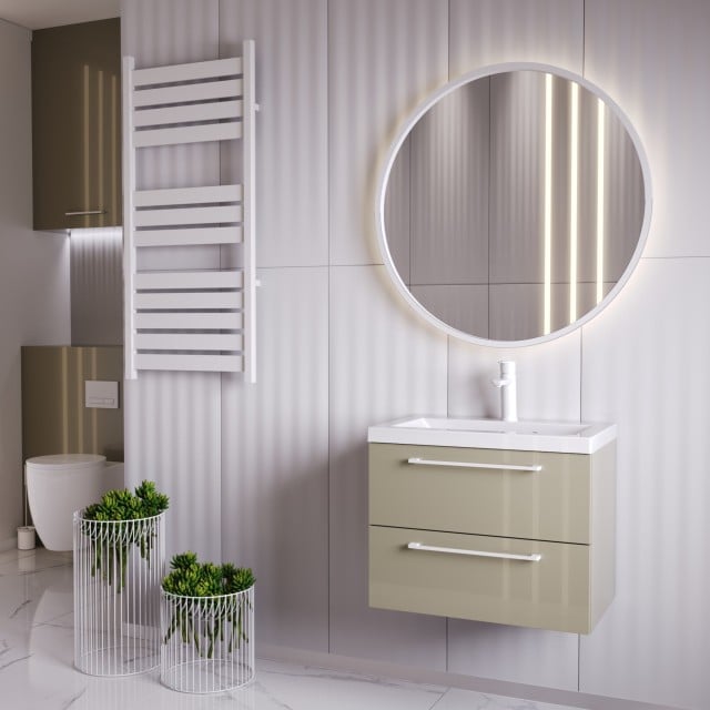 Szafka Wisząca Z Umywalką RON 60 cm - Cappuccino Wysoki Połysk - Uchwyty Białe Matowe