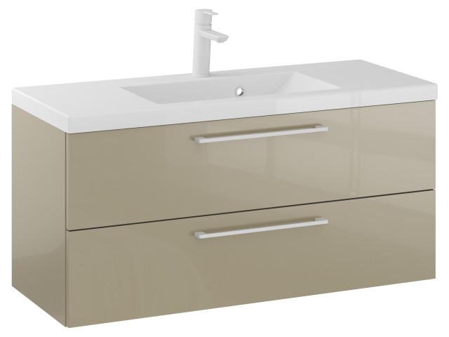 Szafka Wisząca Z Umywalką RON 100 cm - Cappuccino Wysoki Połysk - Uchwyty Białe Matowe Szafka Wisząca Z Umywalką RON 100 cm - Cappuccino Wysoki Połysk - Uchwyty Białe Matowe