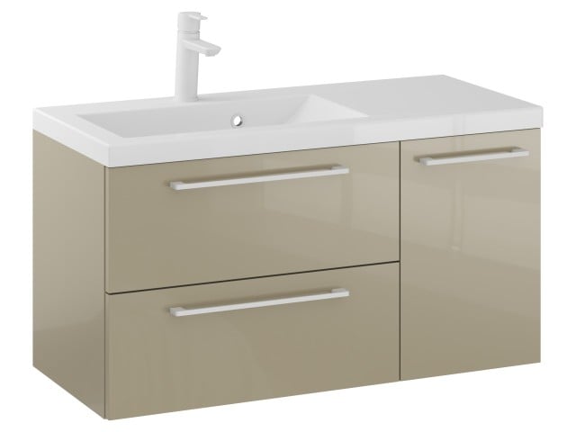 Szafka Wisząca Z Umywalką RON 90 cm D Lewa - Cappuccino Wysoki Połysk - Uchwyty Białe Matowe Szafka Wisząca Z Umywalką RON 90 cm D Lewa - Cappuccino Wysoki Połysk - Uchwyty Białe Matowe