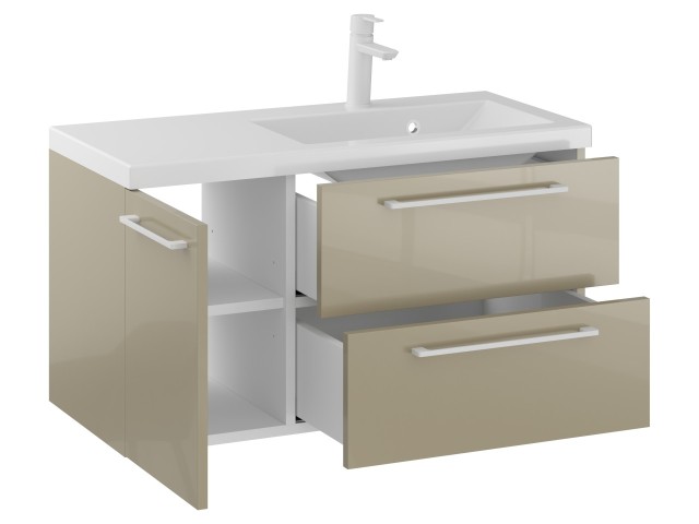 Szafka Wisząca Z Umywalką RON 90 cm D Prawa - Cappuccino Wysoki Połysk - Uchwyty Białe Matowe