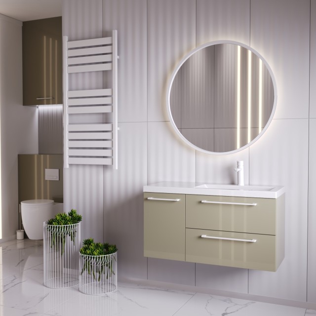 Szafka Wisząca Z Umywalką RON 90 cm D Prawa - Cappuccino Wysoki Połysk - Uchwyty Białe Matowe