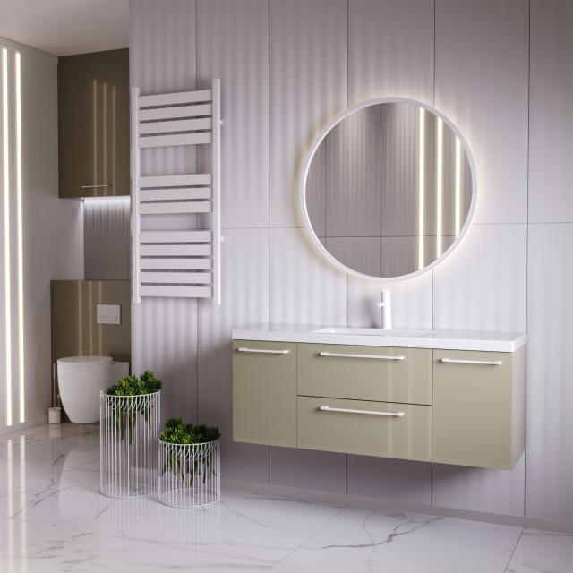 Szafka Wisząca Z Umywalką RON 120 cm D - Cappuccino Wysoki Połysk - Uchwyty Białe Matowe