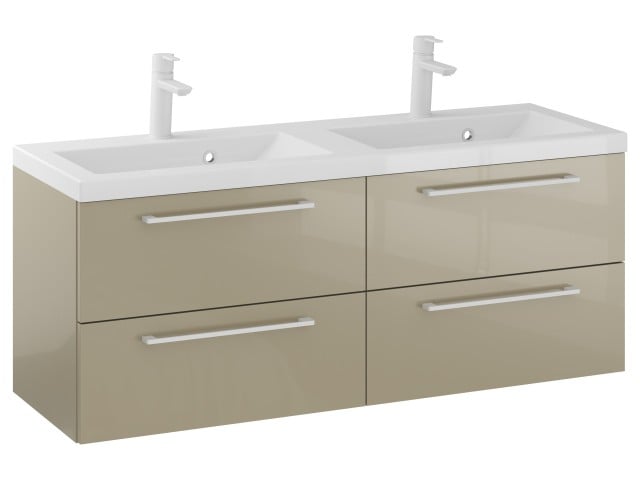 Szafka Wisząca Z Umywalką RON 120 cm DUO - Cappuccino Wysoki Połysk - Uchwyty Białe Matowe