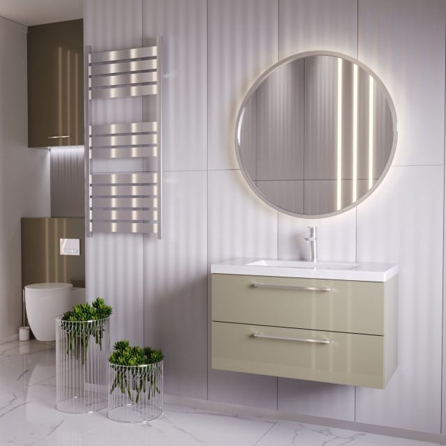 Szafka Wisząca Z Umywalką RON 80 cm - Cappuccino Wysoki Połysk - Uchwyty Chromowane