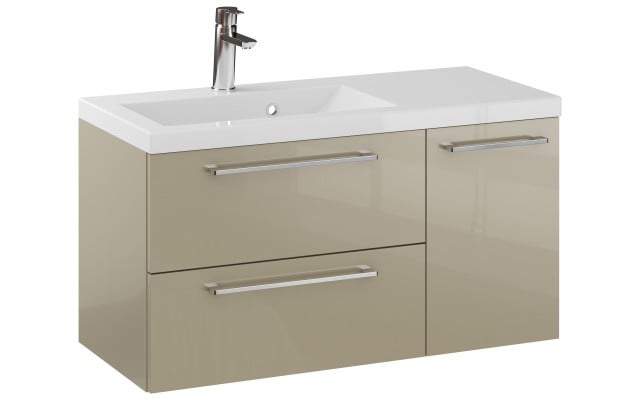 Szafka Wisząca Z Umywalką RON 90 cm D Lewa - Cappuccino Wysoki Połysk - Uchwyty Chromowane