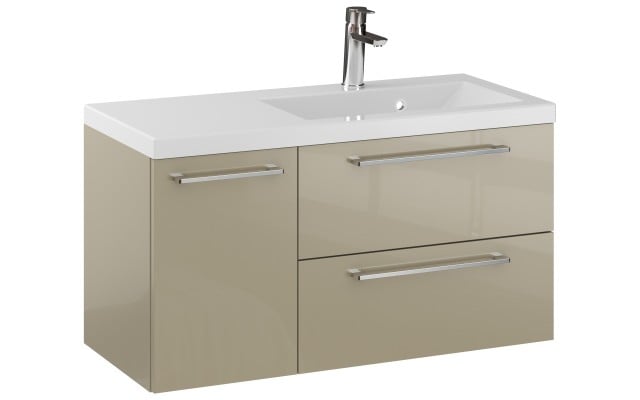 Szafka Wisząca Z Umywalką RON 90 cm D Prawa - Cappuccino Wysoki Połysk - Uchwyty Chromowane