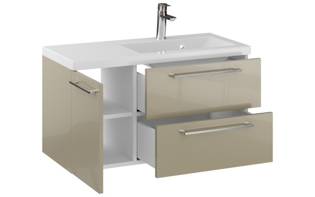 Szafka Wisząca Z Umywalką RON 90 cm D Prawa - Cappuccino Wysoki Połysk - Uchwyty Chromowane