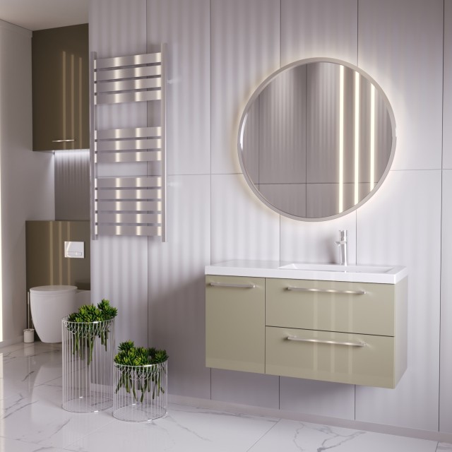 Szafka Wisząca Z Umywalką RON 90 cm D Prawa - Cappuccino Wysoki Połysk - Uchwyty Chromowane