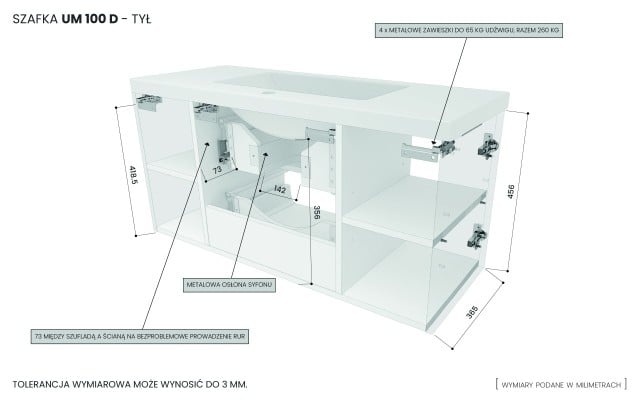 Szafka Wisząca Z Umywalką RON 100 cm D - Cappuccino Wysoki Połysk - Uchwyty Chromowane