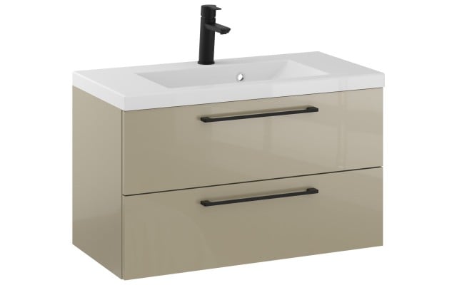 Szafka Wisząca Z Umywalką RON 80 cm - Cappuccino Wysoki Połysk - Uchwyty Czarne Matowe
