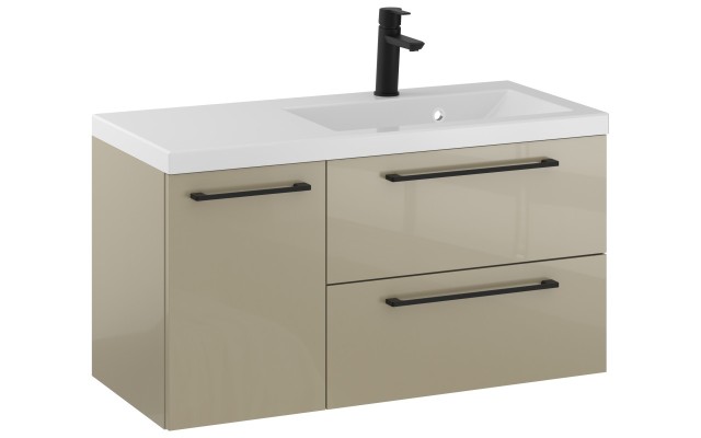 Szafka Wisząca Z Umywalką RON 90 cm D Prawa - Cappuccino Wysoki Połysk - Uchwyty Czarne Matowe