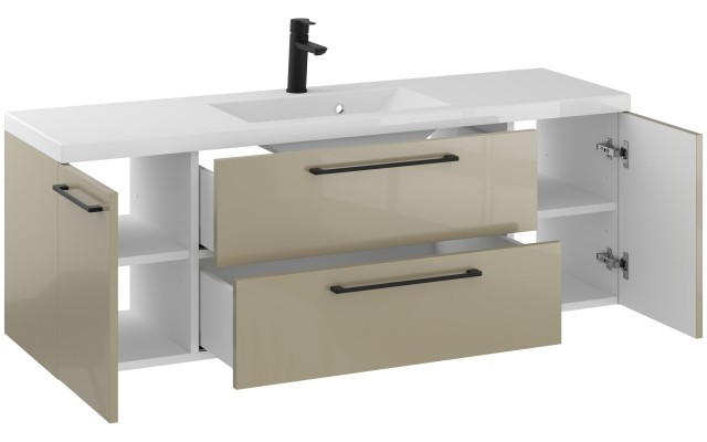 Szafka Wisząca Z Umywalką RON 140 cm D - Cappuccino Wysoki Połysk - Uchwyty Czarne Matowe