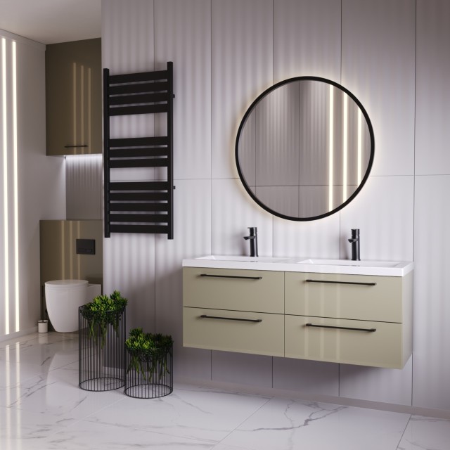 Szafka Wisząca Z Umywalką RON 120 cm DUO - Cappuccino Wysoki Połysk - Uchwyty Czarne Matowe