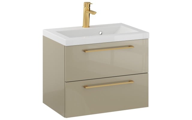 Szafka Wisząca Z Umywalką RON 60 cm - Cappuccino Wysoki Połysk - Uchwyty Złote Szczotkowane Szafka Wisząca Z Umywalką RON 60 cm - Cappuccino Wysoki Połysk - Uchwyty Złote Szczotkowane