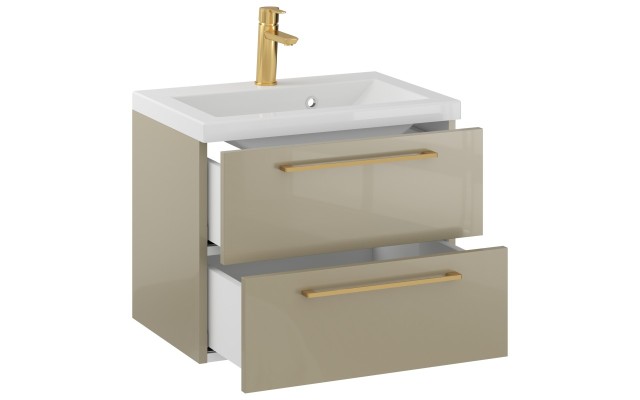 Szafka Wisząca Z Umywalką RON 60 cm - Cappuccino Wysoki Połysk - Uchwyty Złote Szczotkowane