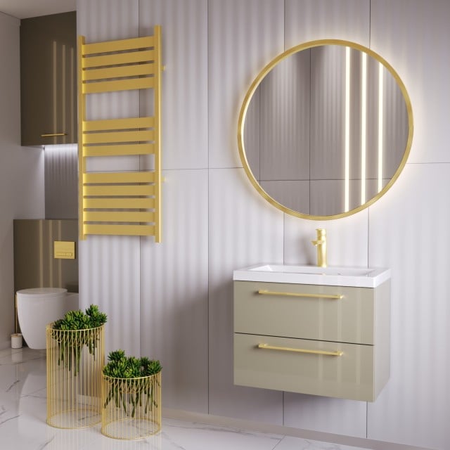 Szafka Wisząca Z Umywalką RON 60 cm - Cappuccino Wysoki Połysk - Uchwyty Złote Szczotkowane