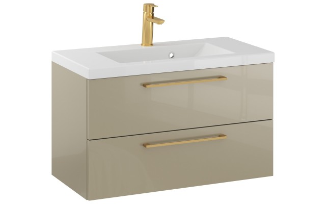 Szafka Wisząca Z Umywalką RON 80 cm - Cappuccino Wysoki Połysk - Uchwyty Złote Szczotkowane Szafka Wisząca Z Umywalką RON 80 cm - Cappuccino Wysoki Połysk - Uchwyty Złote Szczotkowane