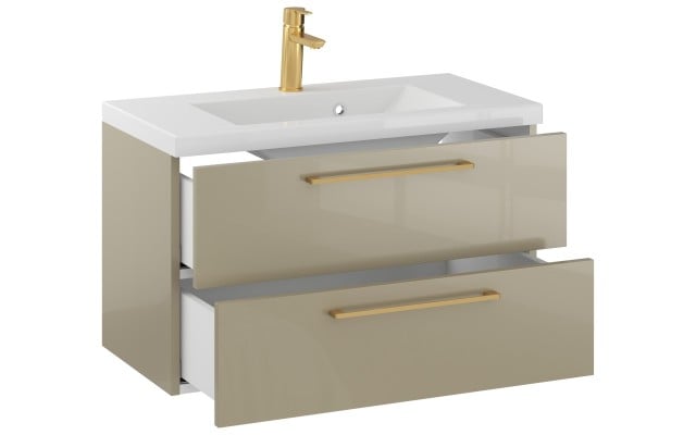 Szafka Wisząca Z Umywalką RON 80 cm - Cappuccino Wysoki Połysk - Uchwyty Złote Szczotkowane
