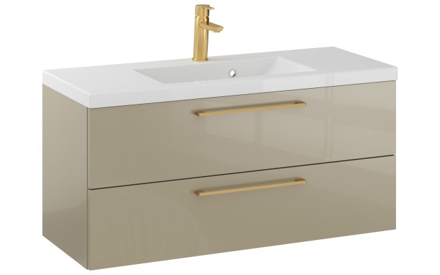 Szafka Wisząca Z Umywalką RON 100 cm - Cappuccino Wysoki Połysk - Uchwyty Złote Szczotkowane Szafka Wisząca Z Umywalką RON 100 cm - Cappuccino Wysoki Połysk - Uchwyty Złote Szczotkowane