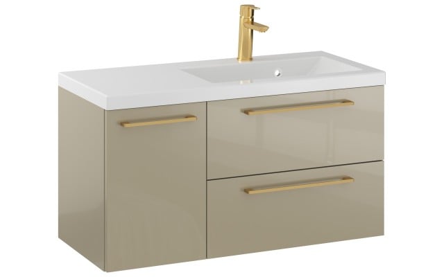 Szafka Wisząca Z Umywalką RON 90 cm D Prawa - Cappuccino Wysoki Połysk - Uchwyty Złote Szczotkowane