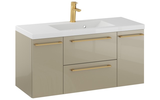 Szafka Wisząca Z Umywalką RON 100 cm D - Cappuccino Wysoki Połysk - Uchwyty Złote Szczotkowane