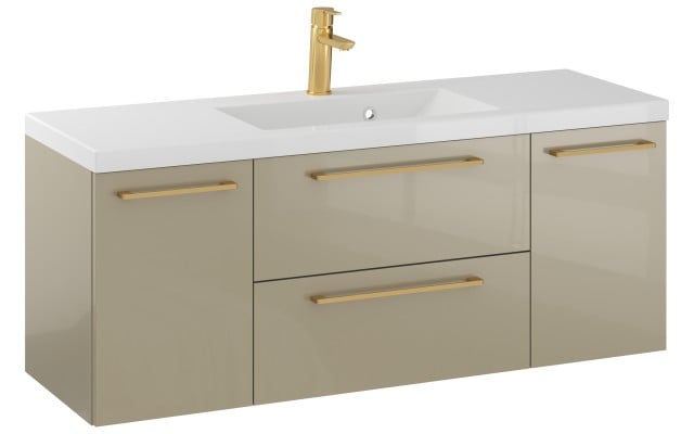 Szafka Wisząca Z Umywalką RON 120 cm D - Cappuccino Wysoki Połysk - Uchwyty Złote Szczotkowane