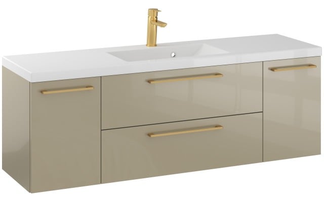 Szafka Wisząca Z Umywalką RON 140 cm D - Cappuccino Wysoki Połysk - Uchwyty Złote Szczotkowane Szafka Wisząca Z Umywalką RON 140 cm D - Cappuccino Wysoki Połysk - Uchwyty Złote Szczotkowane