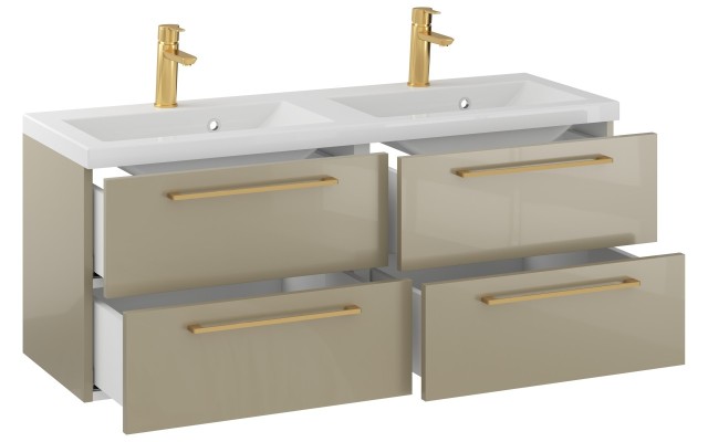 Szafka Wisząca Z Umywalką RON 120 cm DUO - Cappuccino Wysoki Połysk - Uchwyty Złote Szczotkowane