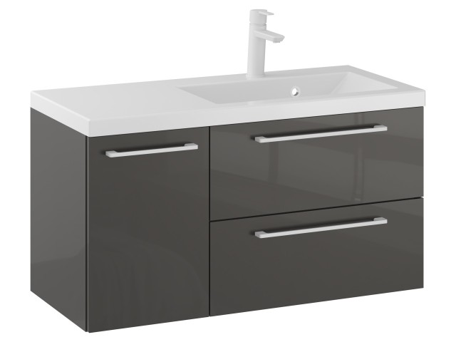 Szafka Wisząca Z Umywalką RON 90 cm D Prawa - Titan Wysoki Połysk - Uchwyty Białe Matowe