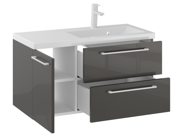 Szafka Wisząca Z Umywalką RON 90 cm D Prawa - Titan Wysoki Połysk - Uchwyty Białe Matowe