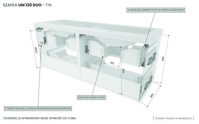 Szafka Wisząca Z Umywalką RON 120 cm DUO - Titan Wysoki Połysk - Uchwyty Białe Matowe
