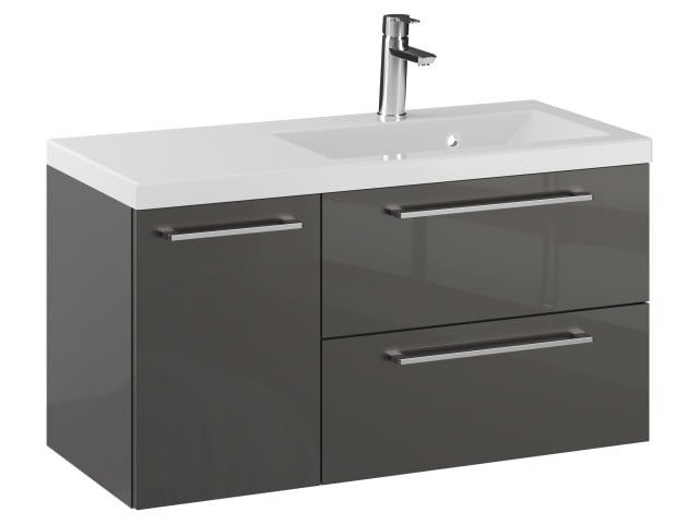 Szafka Wisząca Z Umywalką RON 90 cm D Prawa - Titan Wysoki Połysk - Uchwyty Chromowane