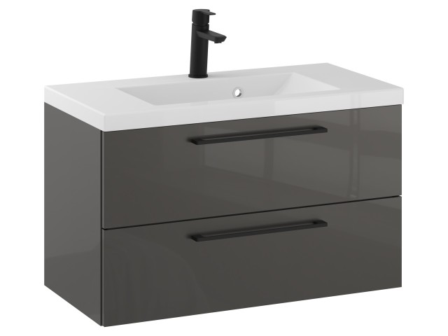 Szafka Wisząca Z Umywalką RON 80 cm - Titan Wysoki Połysk - Uchwyty Czarne Matowe