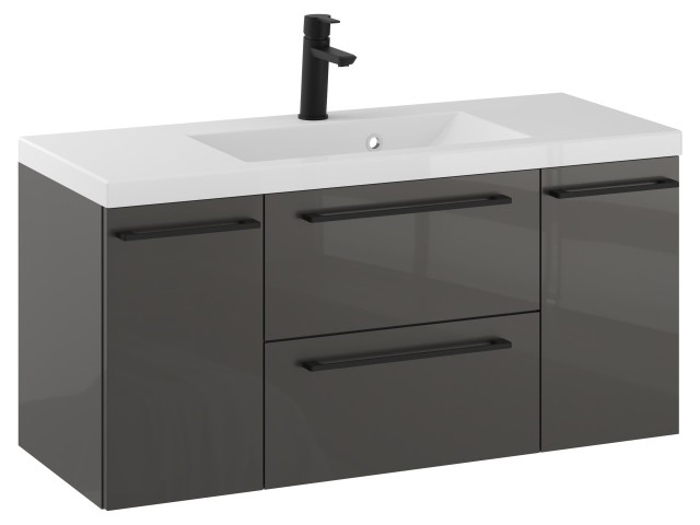 Szafka Wisząca Z Umywalką RON 100 cm D - Titan Wysoki Połysk - Uchwyty Czarne Matowe