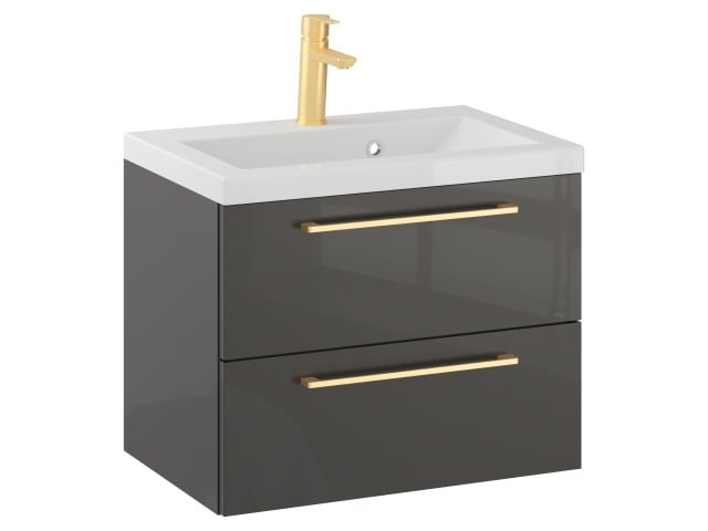 Szafka Wisząca Z Umywalką RON 60 cm - Titan Wysoki Połysk - Uchwyty Złote Szczotkowane