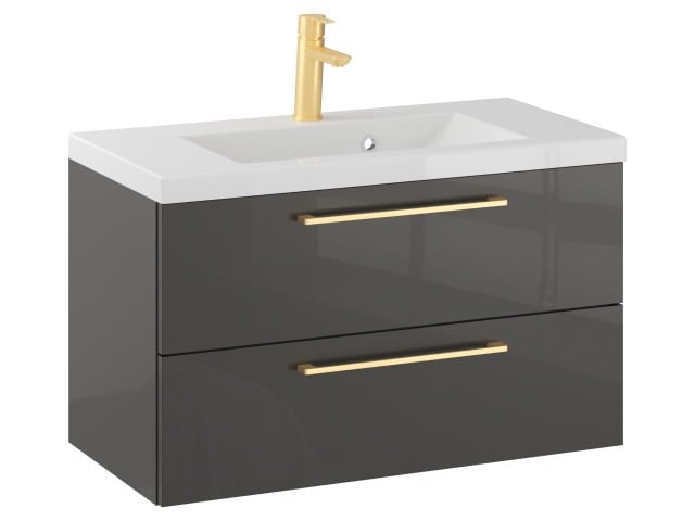 Szafka Wisząca Z Umywalką RON 80 cm - Titan Wysoki Połysk - Uchwyty Złote Szczotkowane